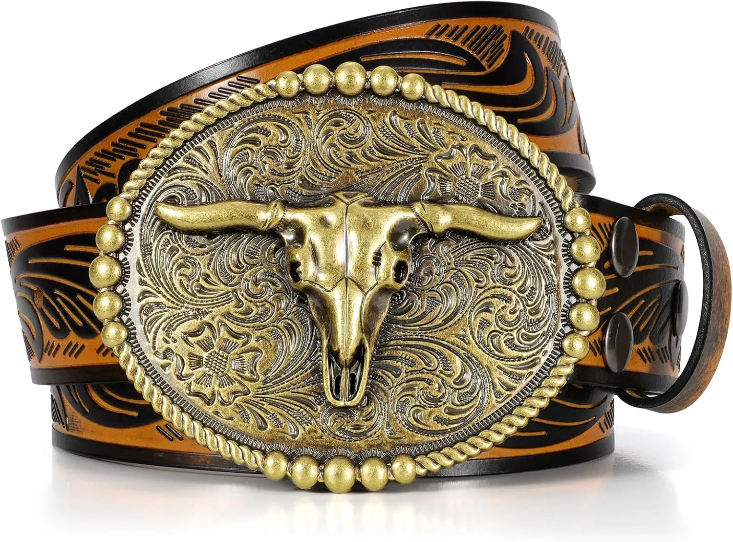 SANSTHS Cowboy Belts for Men Women, Western Leather Belt with Big Buckles Mexican Country Black Longhorn Bull Belt for Jeans