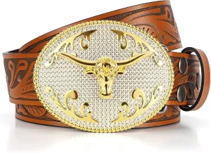 SANSTHS Cowboy Belts for Men Women, Western Leather Belt with Big Buckles Mexican Country Black Longhorn Bull Belt for Jeans