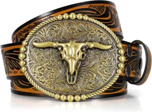 SANSTHS Cowboy Belts for Men Women, Western Leather Belt with Big Buckles Mexican Country Black Longhorn Bull Belt for Jeans