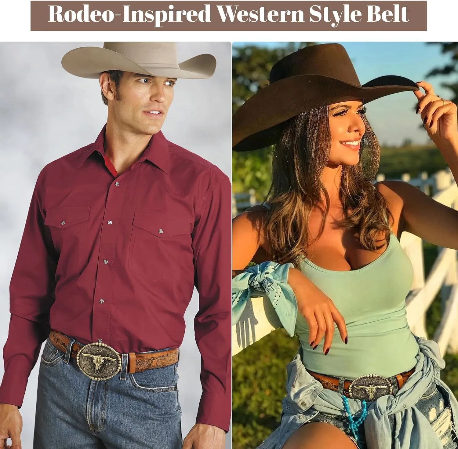 SANSTHS Cowboy Belts for Men Women, Western Leather Belt with Big Buckles Mexican Country Black Longhorn Bull Belt for Jeans