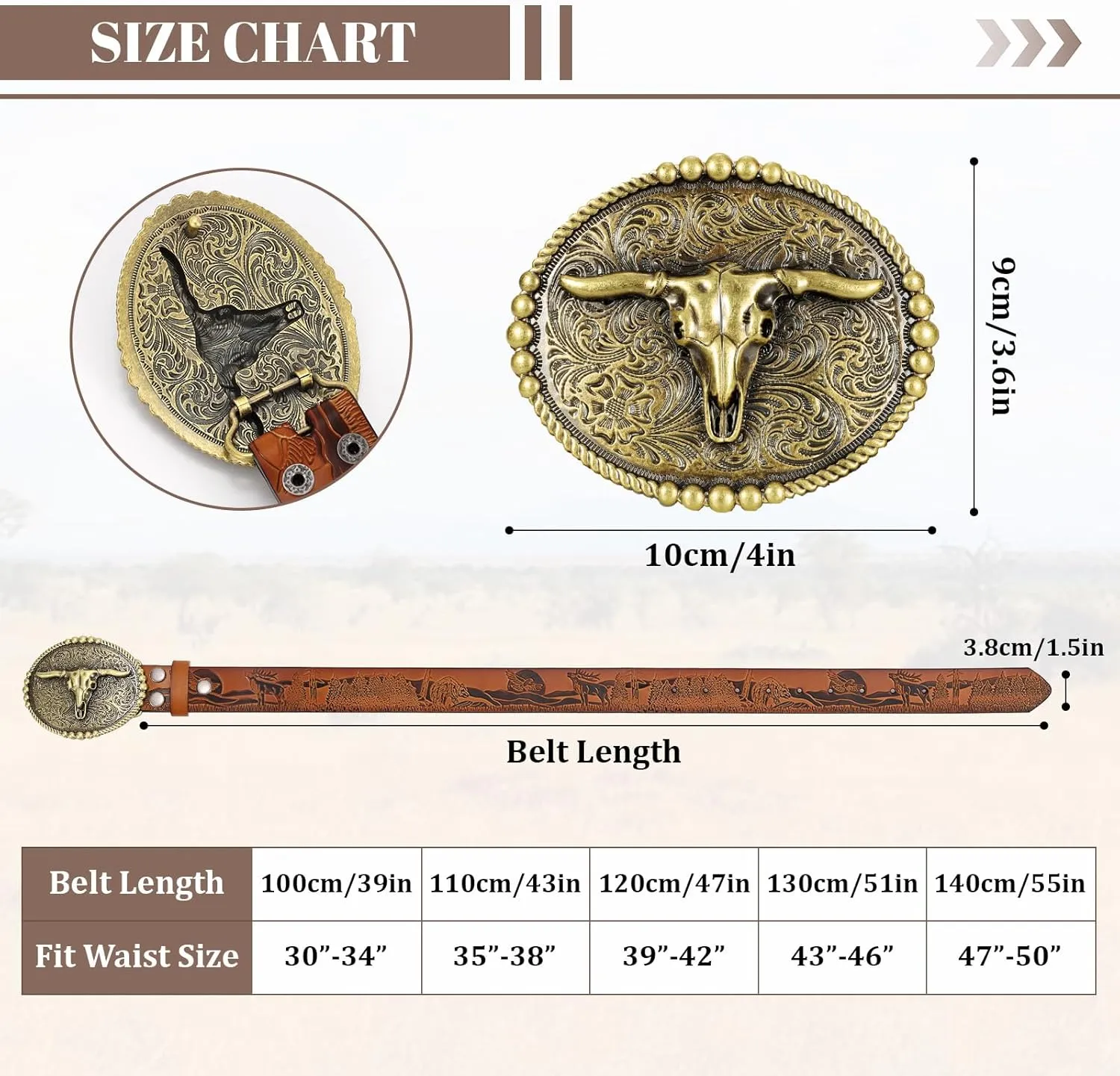 SANSTHS Cowboy Belts for Men Women, Western Leather Belt with Big Buckles Mexican Country Black Longhorn Bull Belt for Jeans