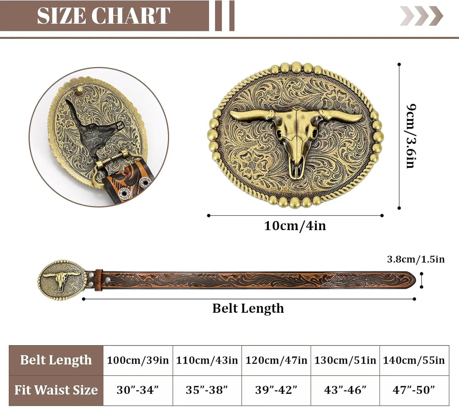 SANSTHS Cowboy Belts for Men Women, Western Leather Belt with Big Buckles Mexican Country Black Longhorn Bull Belt for Jeans