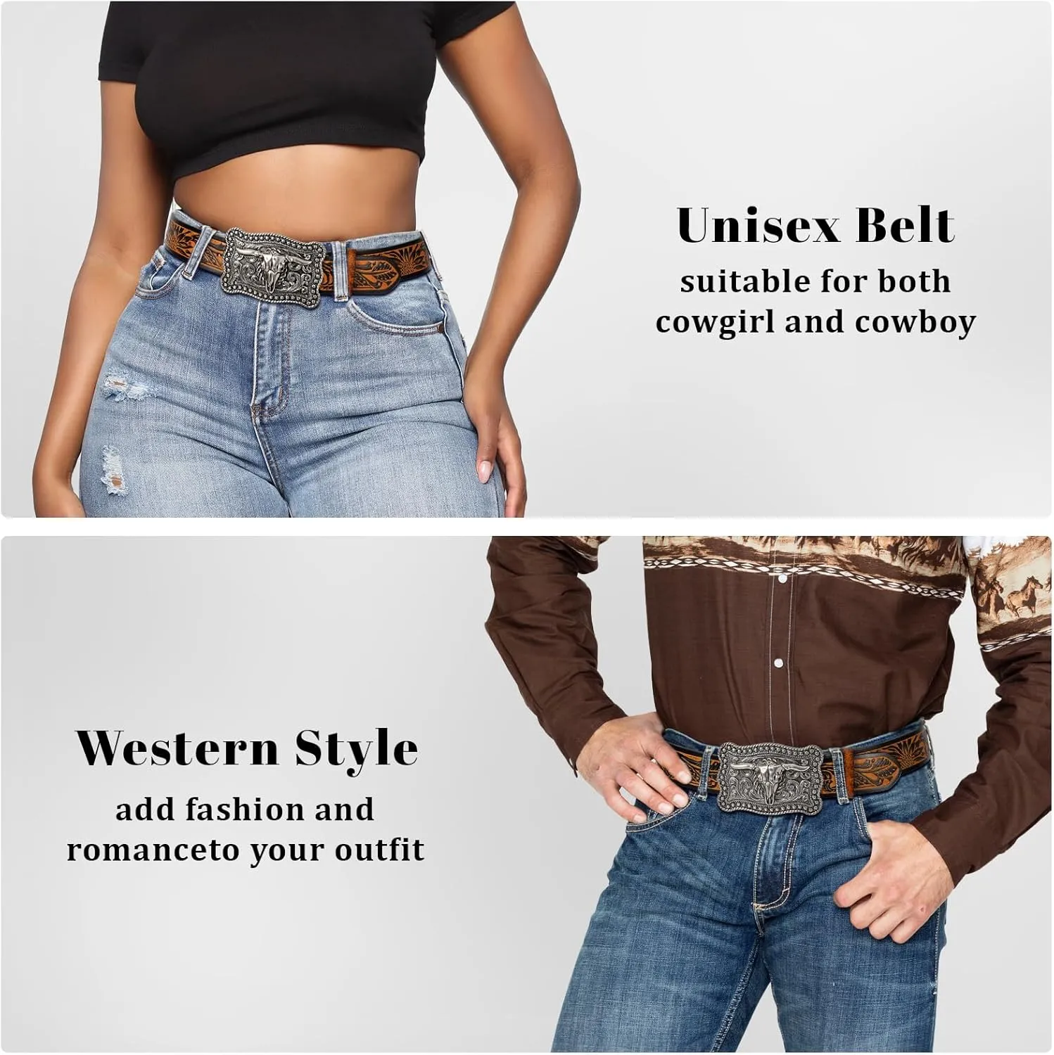 SANSTHS Cowboy Belts for Men Women, Western Leather Belt with Big Buckles Mexican Country Black Longhorn Bull Belt for Jeans