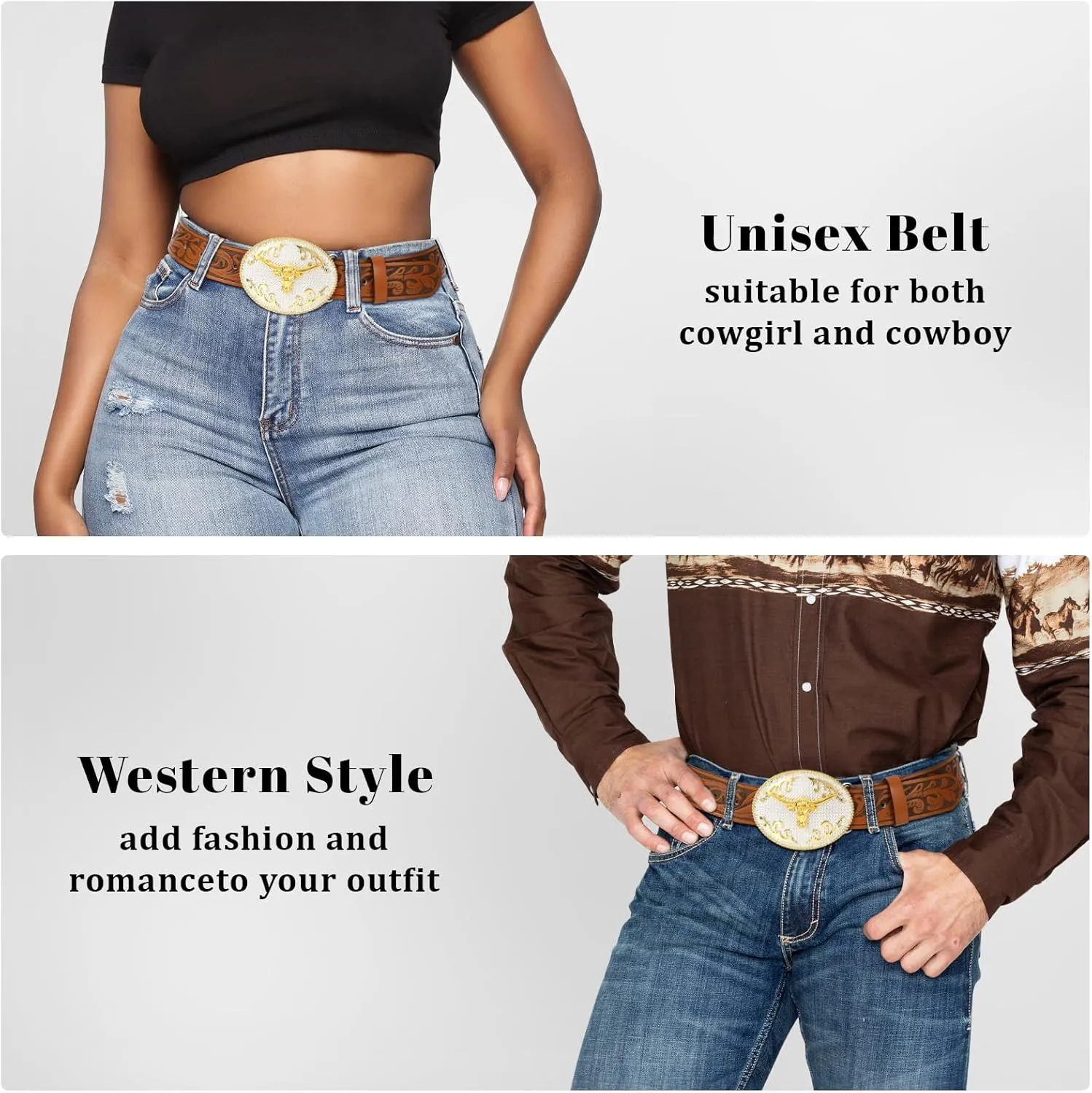 SANSTHS Cowboy Belts for Men Women, Western Leather Belt with Big Buckles Mexican Country Black Longhorn Bull Belt for Jeans