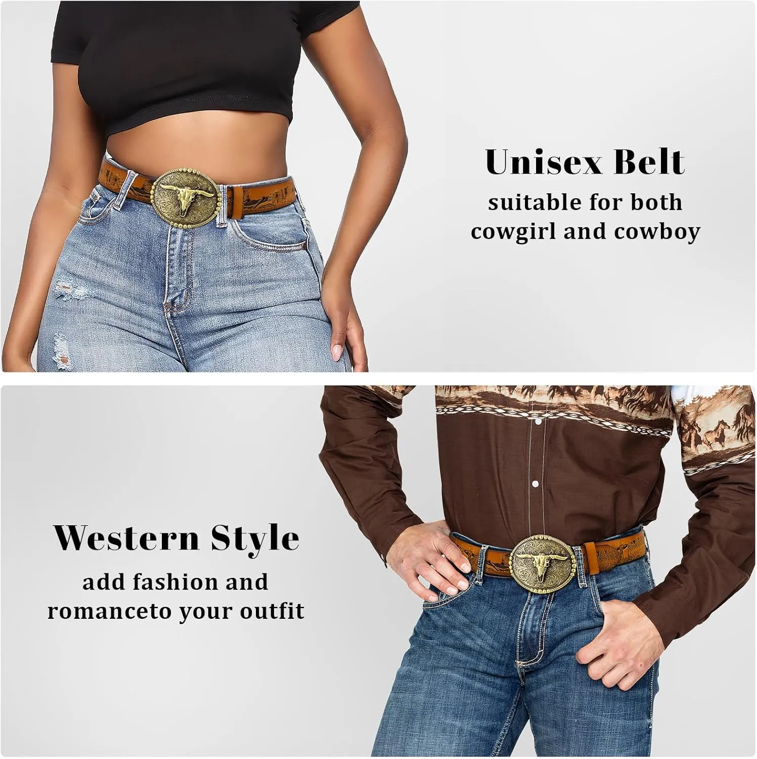 SANSTHS Cowboy Belts for Men Women, Western Leather Belt with Big Buckles Mexican Country Black Longhorn Bull Belt for Jeans