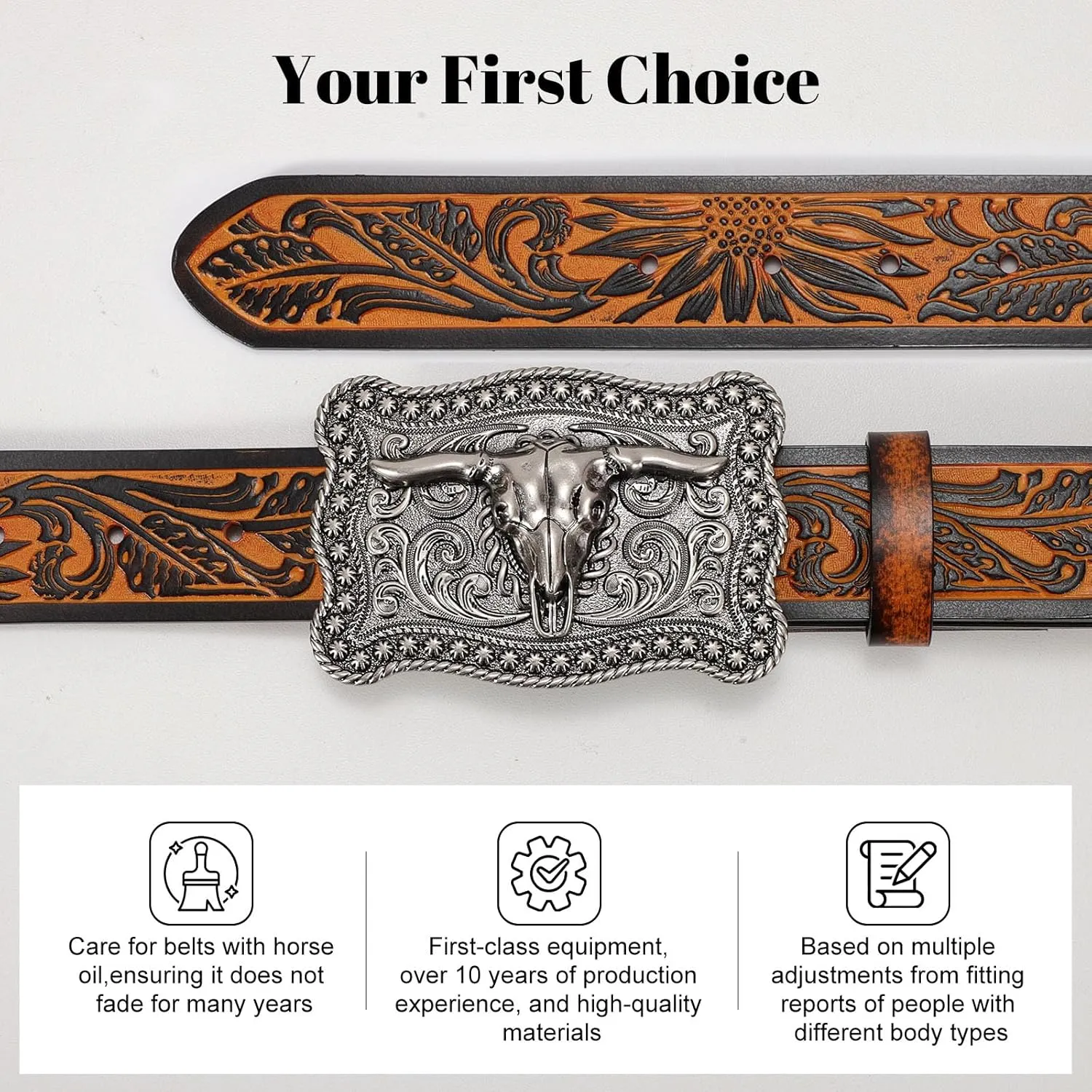 SANSTHS Cowboy Belts for Men Women, Western Leather Belt with Big Buckles Mexican Country Black Longhorn Bull Belt for Jeans