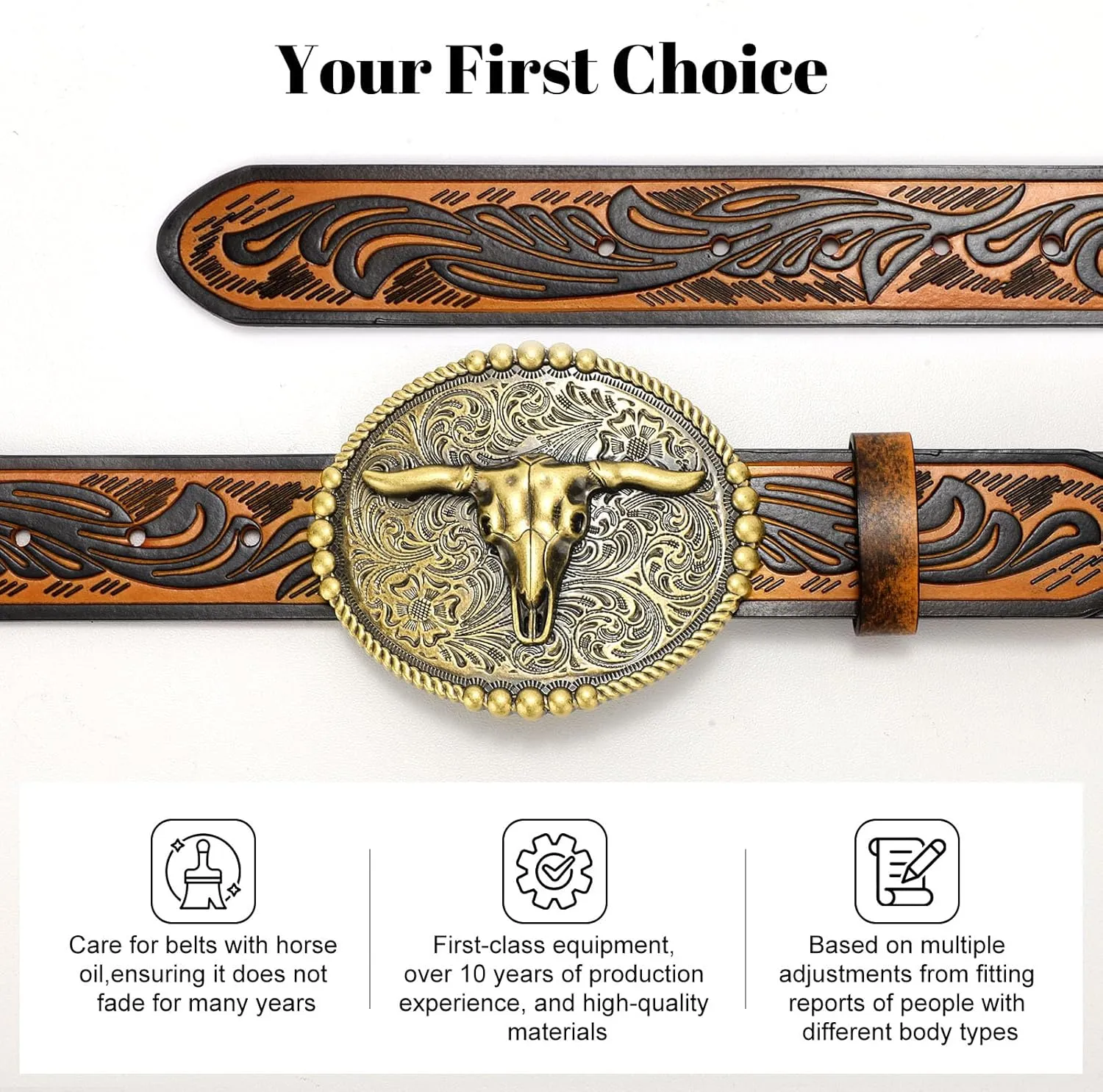 SANSTHS Cowboy Belts for Men Women, Western Leather Belt with Big Buckles Mexican Country Black Longhorn Bull Belt for Jeans