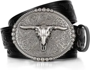 SANSTHS Cowboy Belts for Men Women, Western Leather Belt with Big Buckles Mexican Country Black Longhorn Bull Belt for Jeans