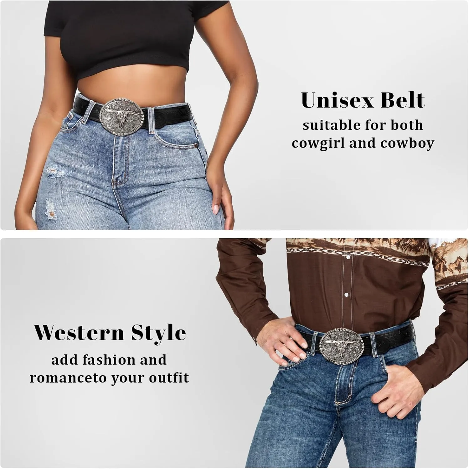 SANSTHS Cowboy Belts for Men Women, Western Leather Belt with Big Buckles Mexican Country Black Longhorn Bull Belt for Jeans
