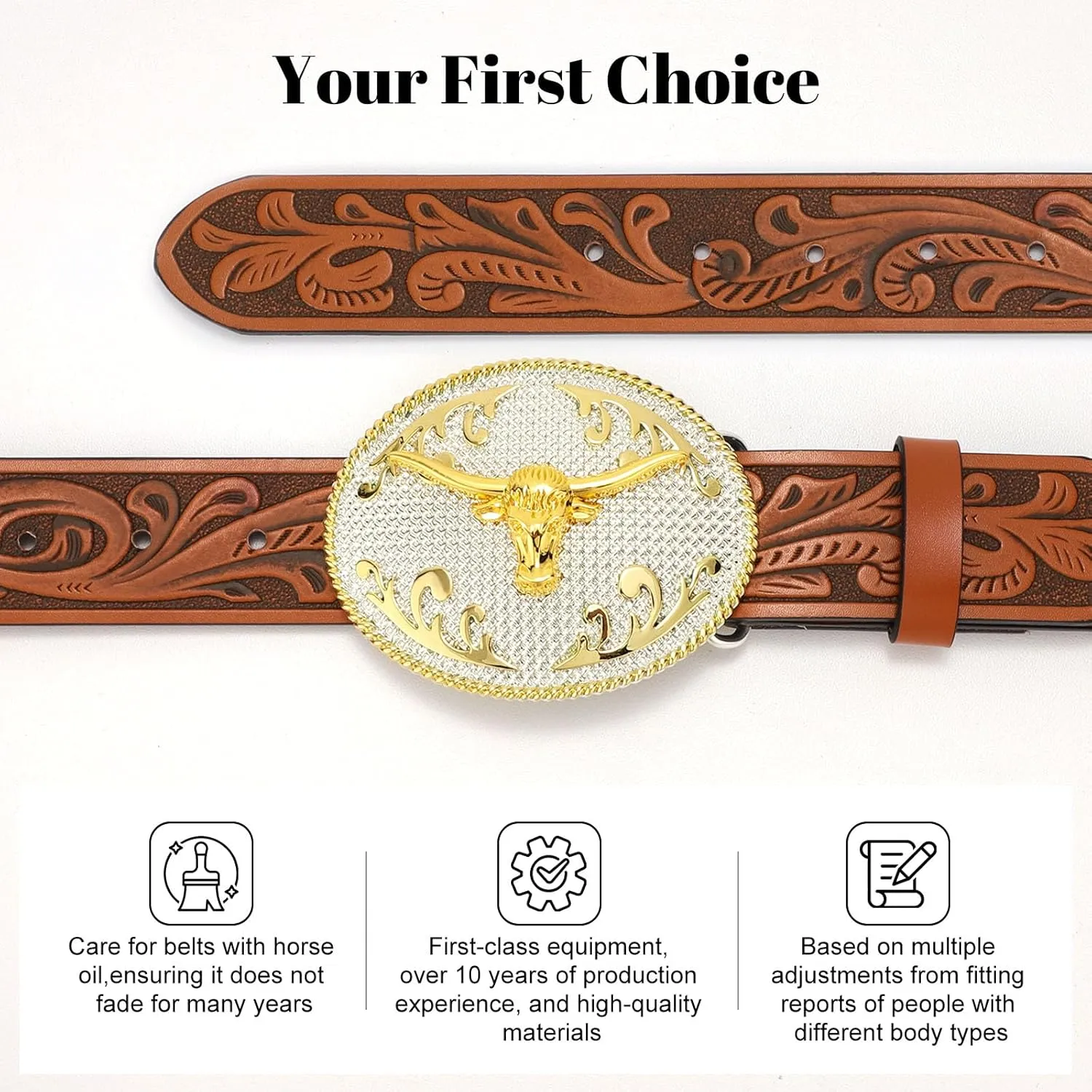 SANSTHS Cowboy Belts for Men Women, Western Leather Belt with Big Buckles Mexican Country Black Longhorn Bull Belt for Jeans
