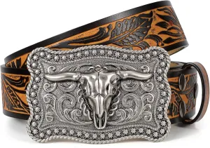 SANSTHS Cowboy Belts for Men Women, Western Leather Belt with Big Buckles Mexican Country Black Longhorn Bull Belt for Jeans