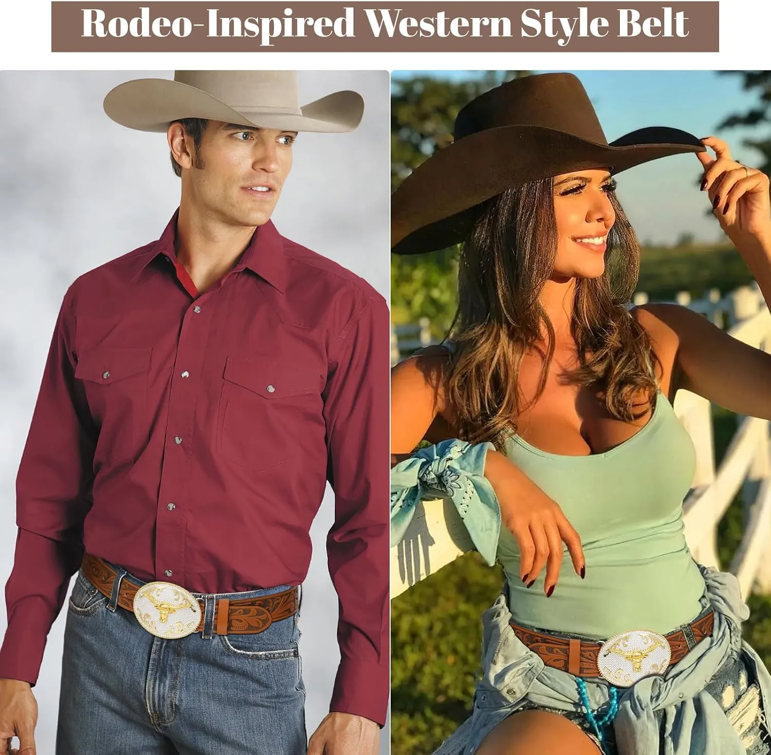 SANSTHS Cowboy Belts for Men Women, Western Leather Belt with Big Buckles Mexican Country Black Longhorn Bull Belt for Jeans