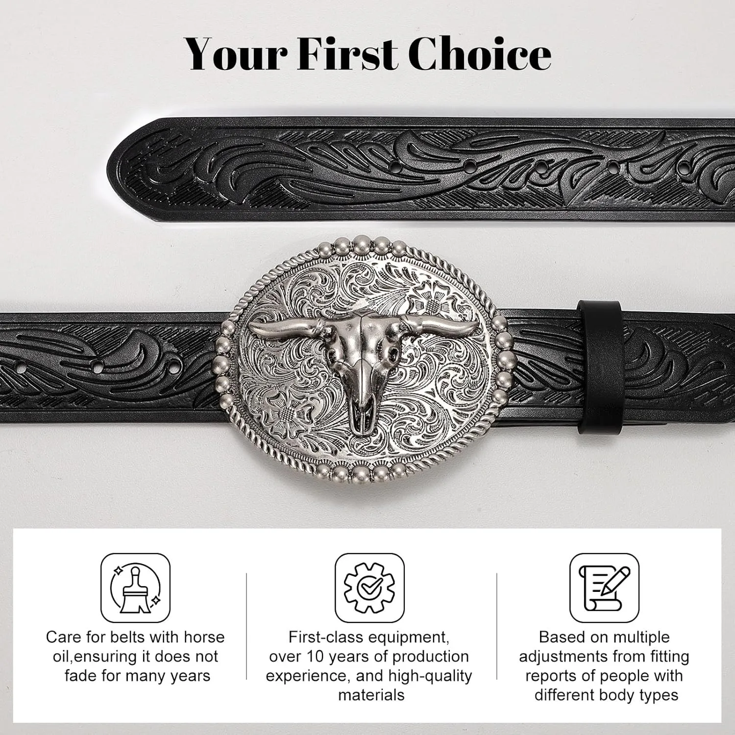 SANSTHS Cowboy Belts for Men Women, Western Leather Belt with Big Buckles Mexican Country Black Longhorn Bull Belt for Jeans