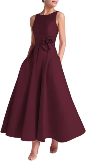 Satin Prom Dresses 2025 Tea Length Boat Neck Satin Formal Gown A Line Mother of Bride Dresses with Pockets