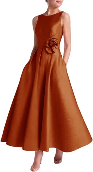 Satin Prom Dresses 2025 Tea Length Boat Neck Satin Formal Gown A Line Mother of Bride Dresses with Pockets