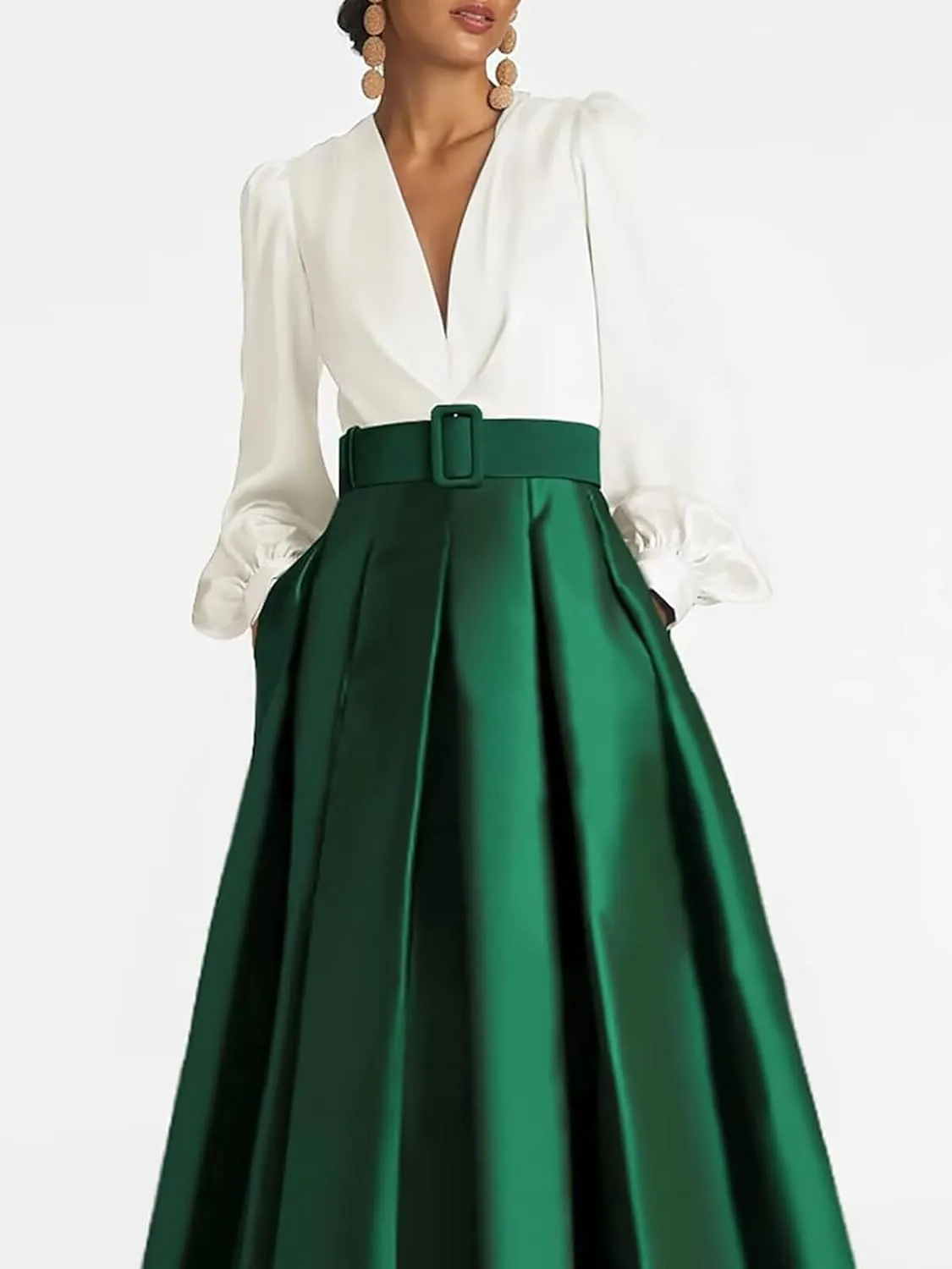 Satin Tea Length Prom Dresses for Women Long Sleeves Evening Gown Elegant A Line Wedding Guest Dress with Pocktes