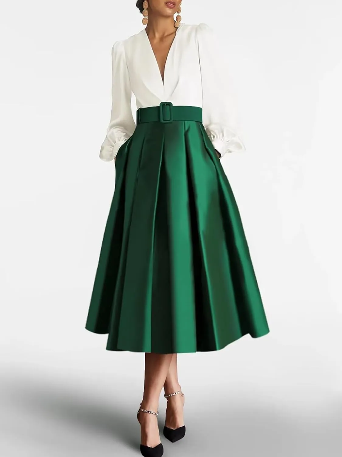 Satin Tea Length Prom Dresses for Women Long Sleeves Evening Gown Elegant A Line Wedding Guest Dress with Pocktes
