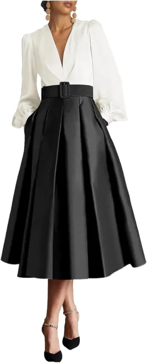 Satin Tea Length Prom Dresses for Women Long Sleeves Evening Gown Elegant A Line Wedding Guest Dress with Pocktes