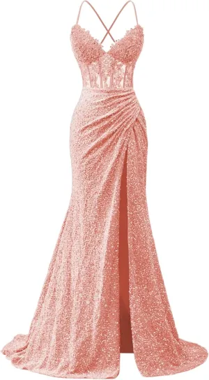 Sequins Prom Dresses Sparkly Corset Lace Appliques Spaghetti Straps Mermaid Long Slit Evening Gowns for Women 2025