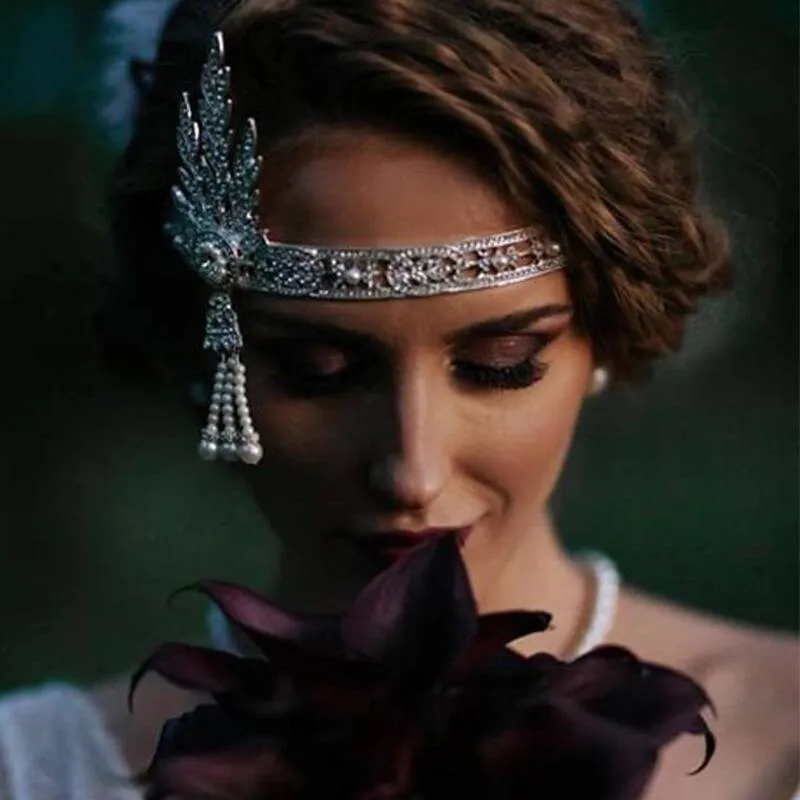 Set Flapper Gatsby, 20's rhinestone pearls art deco headband 1920's Headpiece fascinator, Bridal Headband, earrings, gloves, necklace