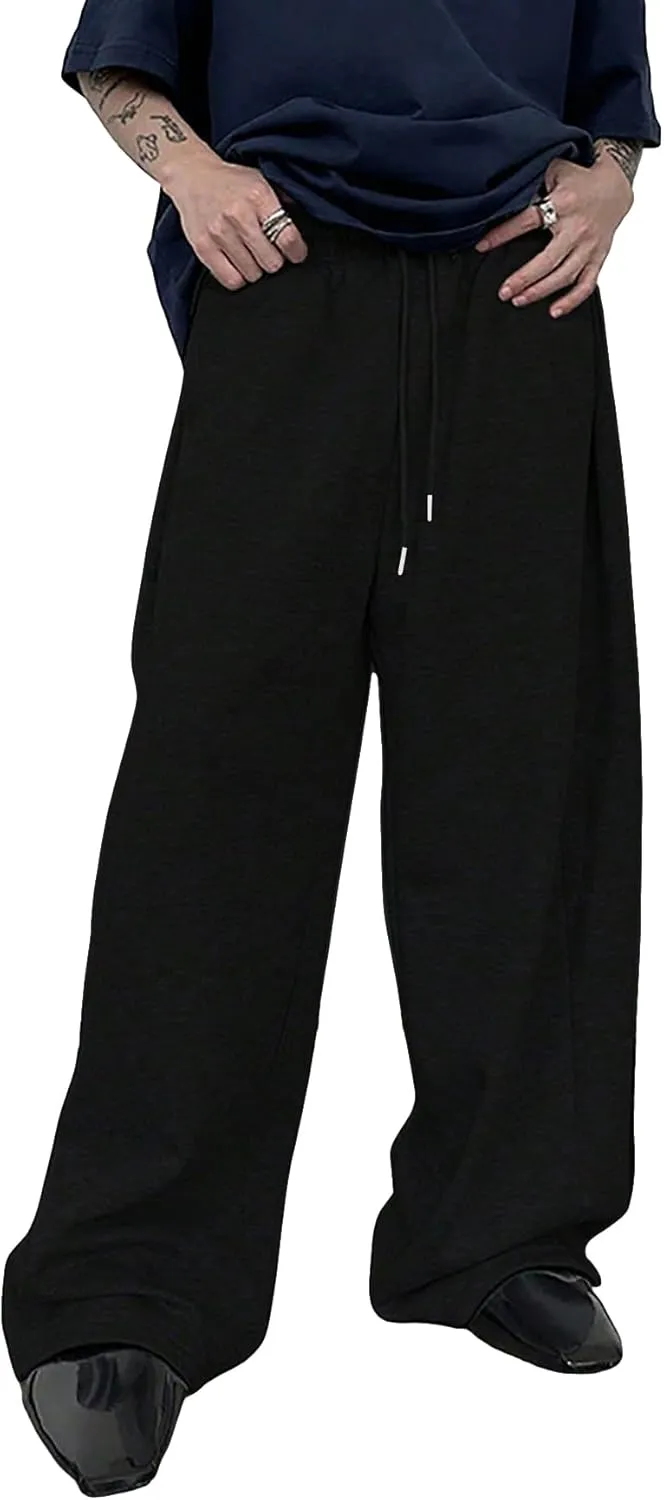SHENHE Men's Baggy Pants Wide Leg Drawstring Waist Loose Sweatpants with Pockets