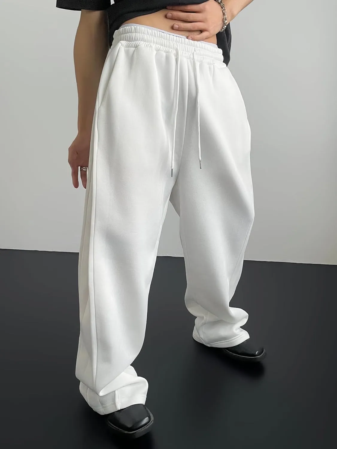 SHENHE Men's Baggy Pants Wide Leg Drawstring Waist Loose Sweatpants with Pockets