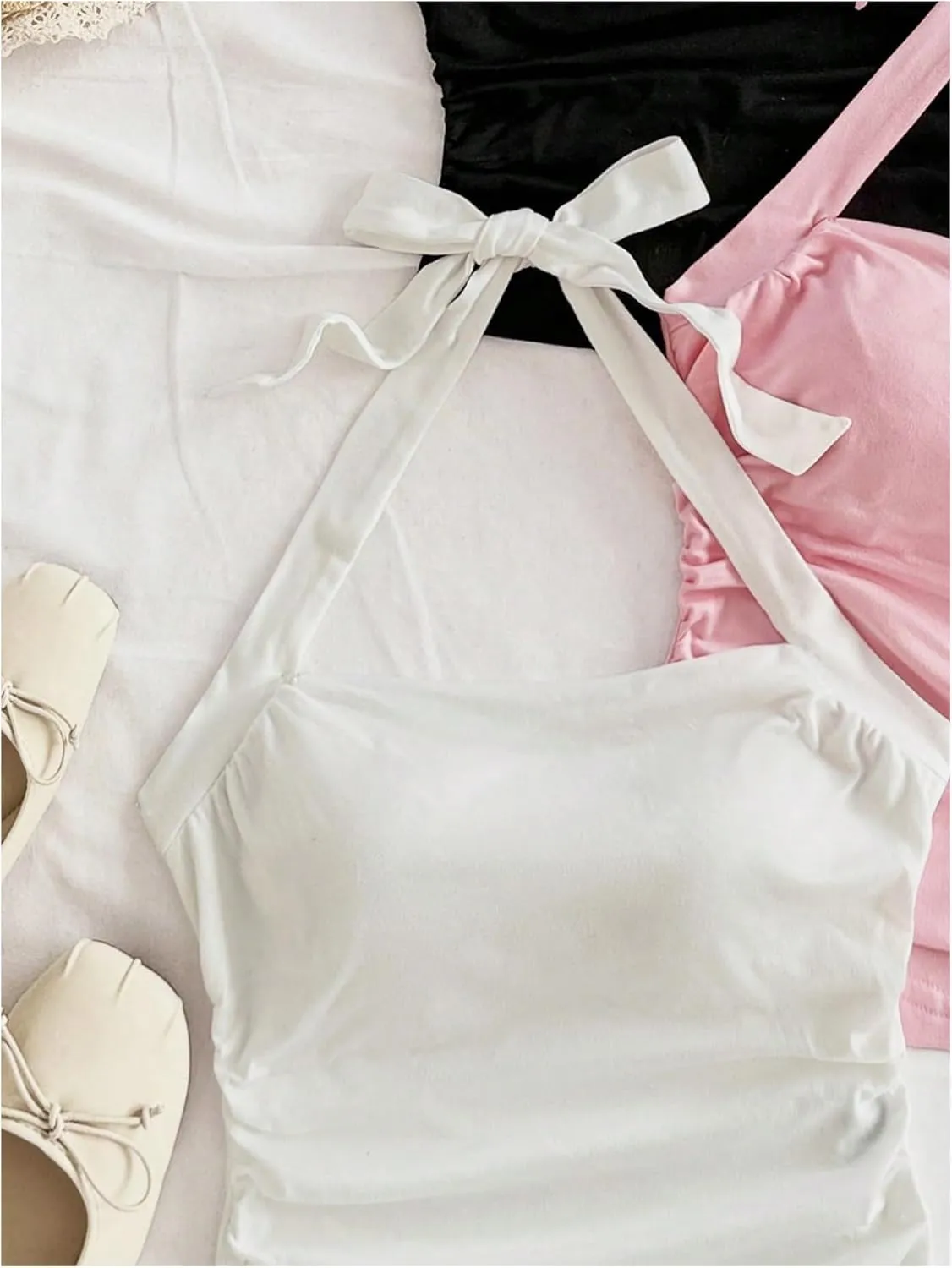SHENHE Women's 3 Pack Y2k Summer Halter Top Ruched Tie Backless Slim Fit Cute Vacation Tanks
