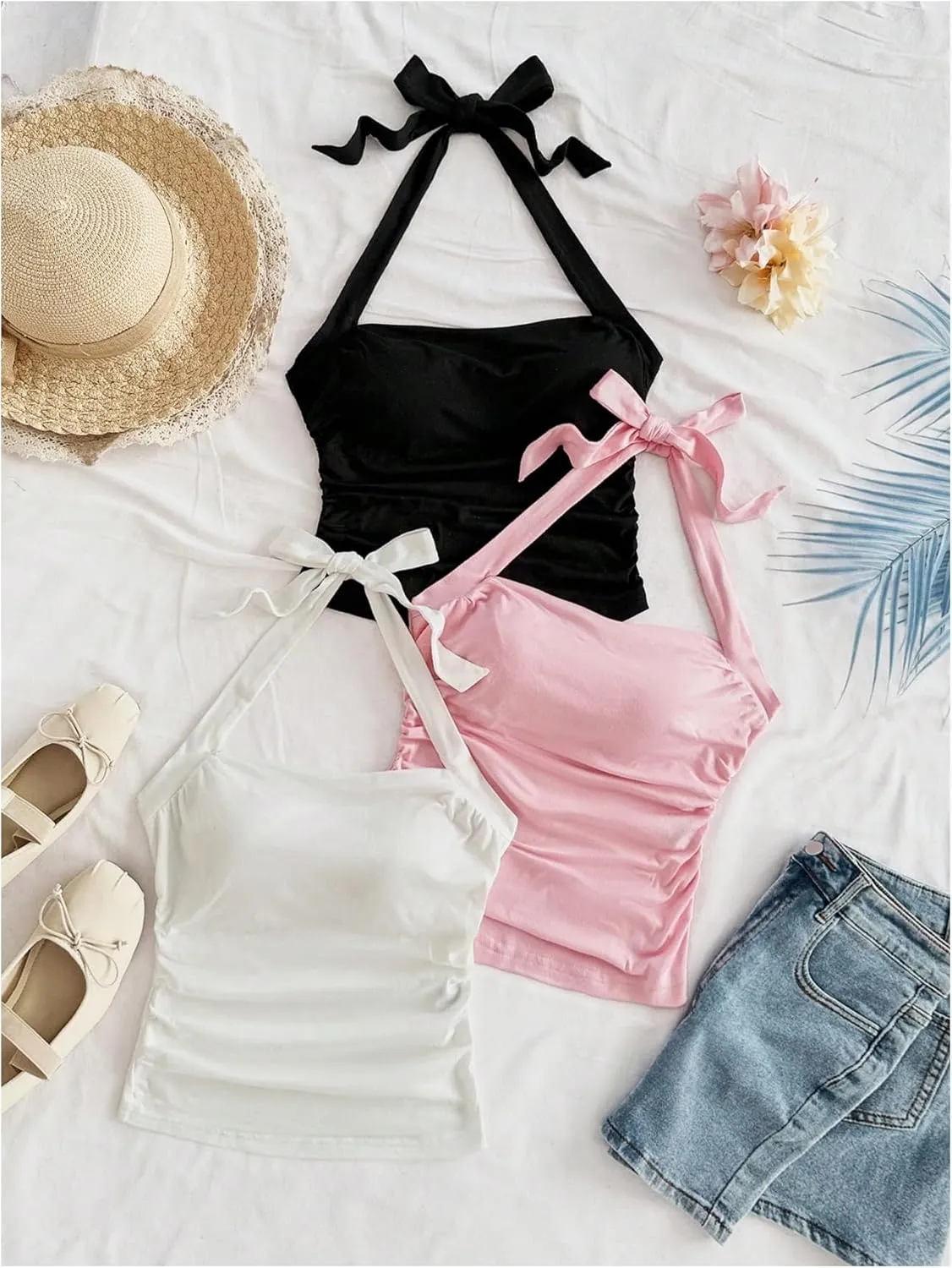 SHENHE Women's 3 Pack Y2k Summer Halter Top Ruched Tie Backless Slim Fit Cute Vacation Tanks