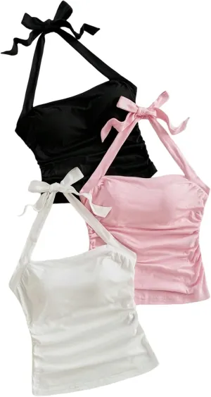 SHENHE Women's 3 Pack Y2k Summer Halter Top Ruched Tie Backless Slim Fit Cute Vacation Tanks