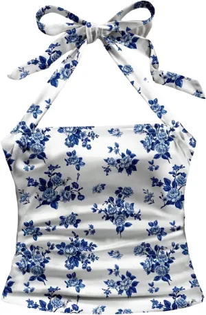 SHENHE Women's Boho Halter Neck Tie Backless Slim Fit Summer Vacation Hippie Crop Top Tank