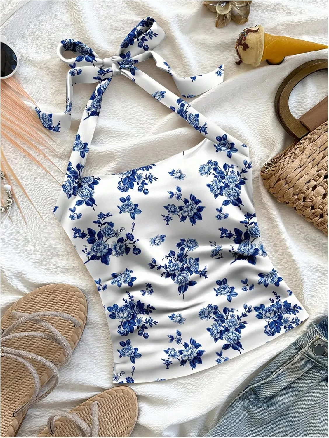 SHENHE Women's Boho Halter Neck Tie Backless Slim Fit Summer Vacation Hippie Crop Top Tank