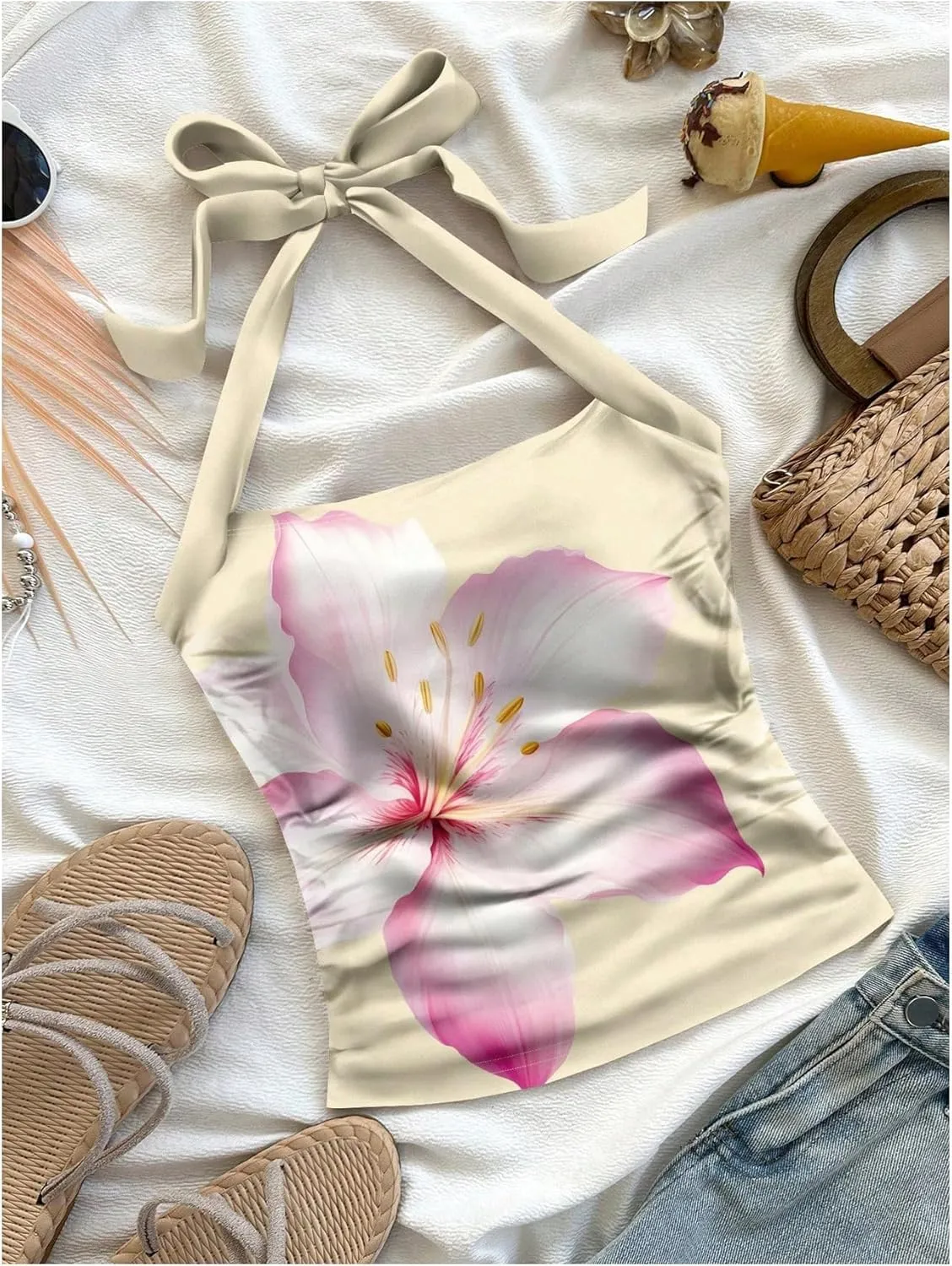 SHENHE Women's Boho Halter Neck Tie Backless Slim Fit Summer Vacation Hippie Crop Top Tank