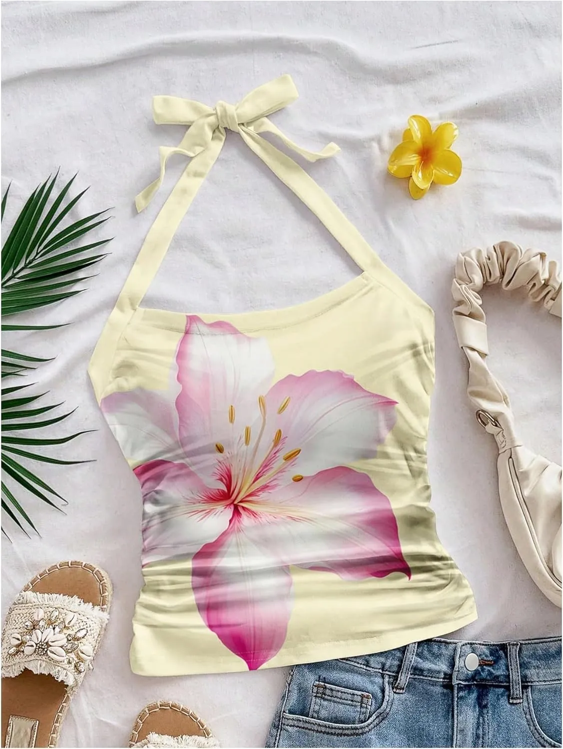 SHENHE Women's Boho Halter Neck Tie Backless Slim Fit Summer Vacation Hippie Crop Top Tank