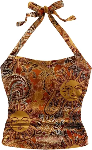 SHENHE Women's Boho Halter Neck Tie Backless Slim Fit Summer Vacation Hippie Crop Top Tank