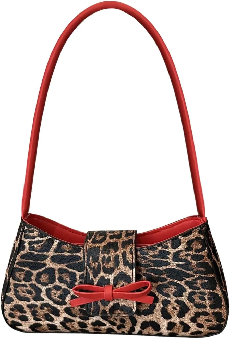 SHENHE Women's Y2K Leopard Print Bag PU Leather Bow Shoulder Small Cheetah Purse Clutch HandBag