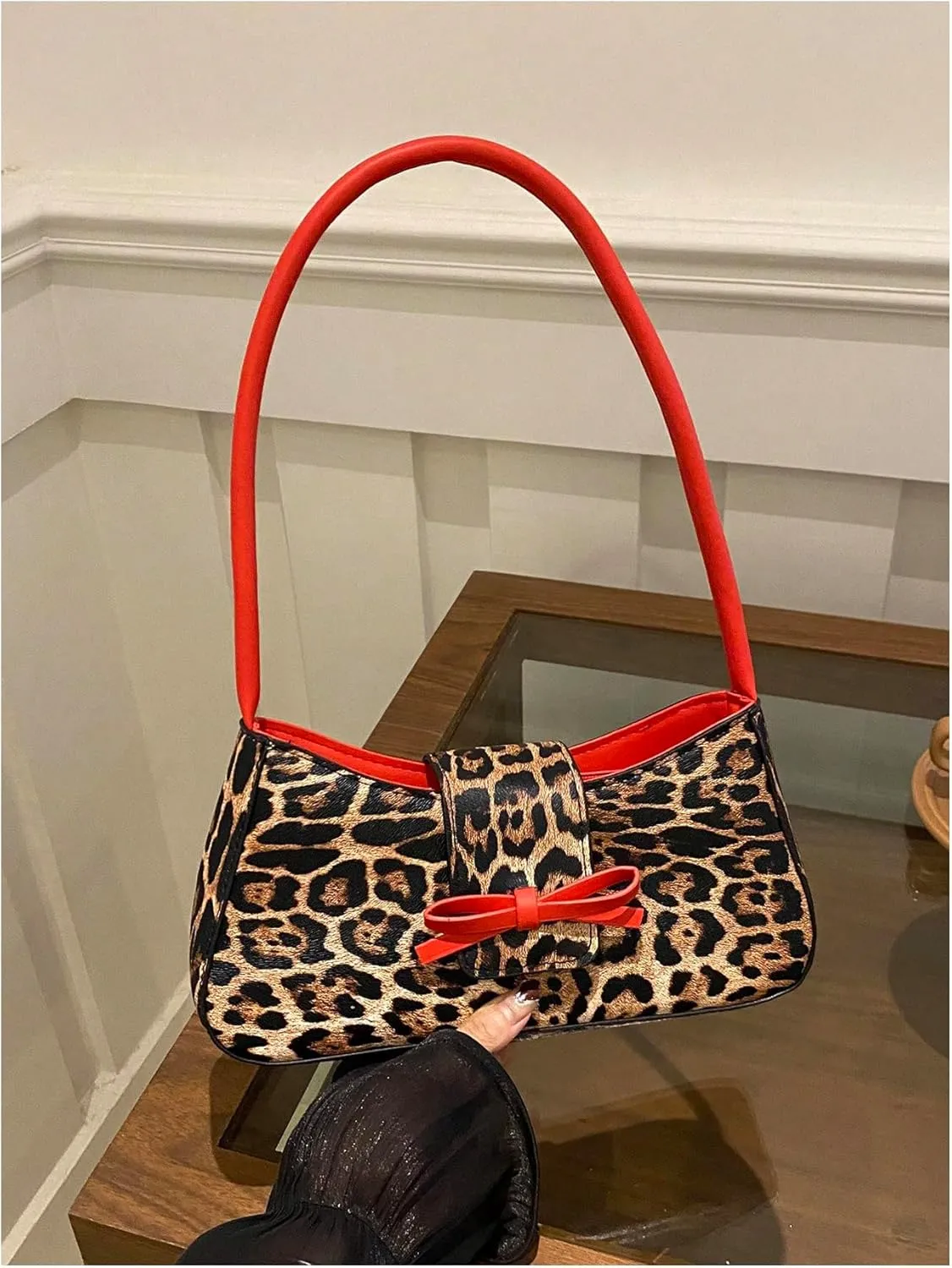 SHENHE Women's Y2K Leopard Print Bag PU Leather Bow Shoulder Small Cheetah Purse Clutch HandBag