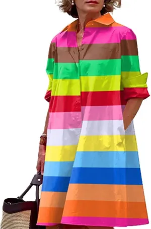 Shirt Dress for Women Casual Print Linen T Shirt Dress Summer V Neck Loose Long Sleeve Button Maxi Collared Dress