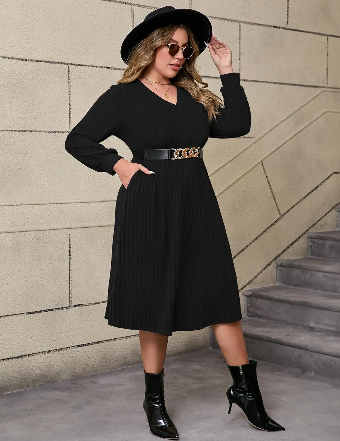 ShopWonder Womens Plus Size V-Neck Lantern Long Sleeve Casual Loose Winter Pullover Sweater Midi Dresses with Belt