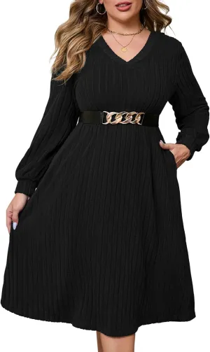 ShopWonder Womens Plus Size V-Neck Lantern Long Sleeve Casual Loose Winter Pullover Sweater Midi Dresses with Belt