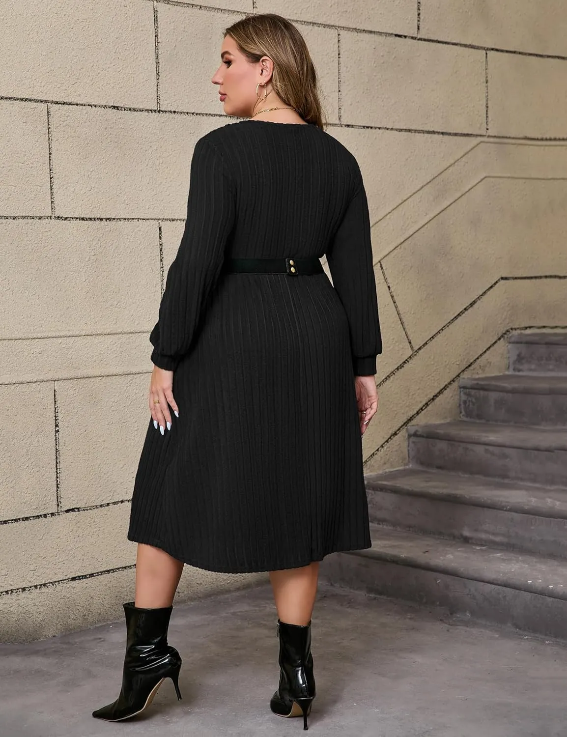 ShopWonder Womens Plus Size V-Neck Lantern Long Sleeve Casual Loose Winter Pullover Sweater Midi Dresses with Belt