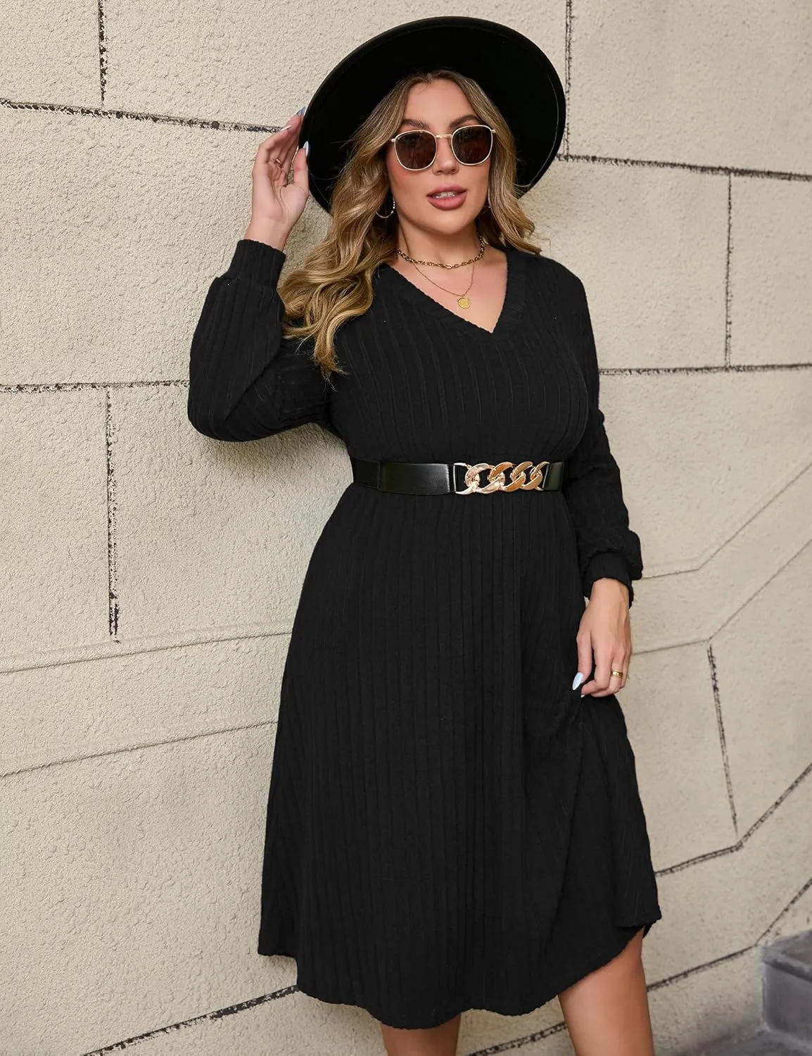 ShopWonder Womens Plus Size V-Neck Lantern Long Sleeve Casual Loose Winter Pullover Sweater Midi Dresses with Belt
