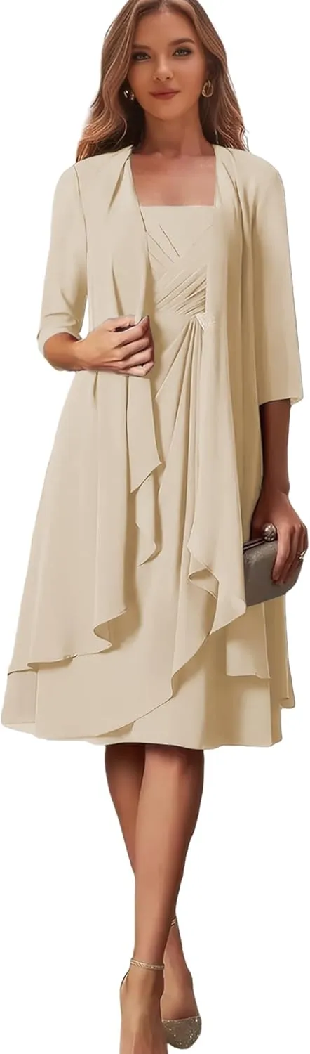 Short Mother of The Bride Dresses for Women 2 Pieces Formal Dress with Jacket Chiffon Evening Gown