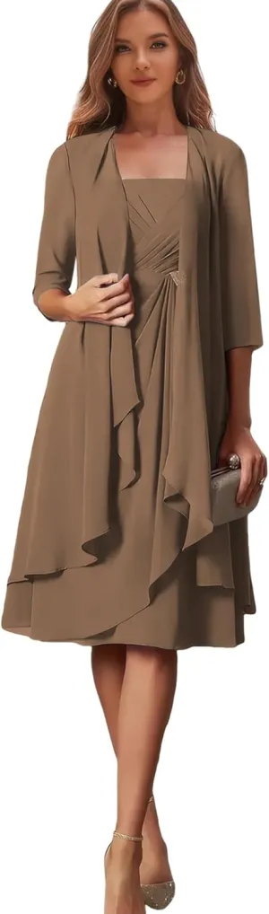Short Mother of The Bride Dresses for Women 2 Pieces Formal Dress with Jacket Chiffon Evening Gown