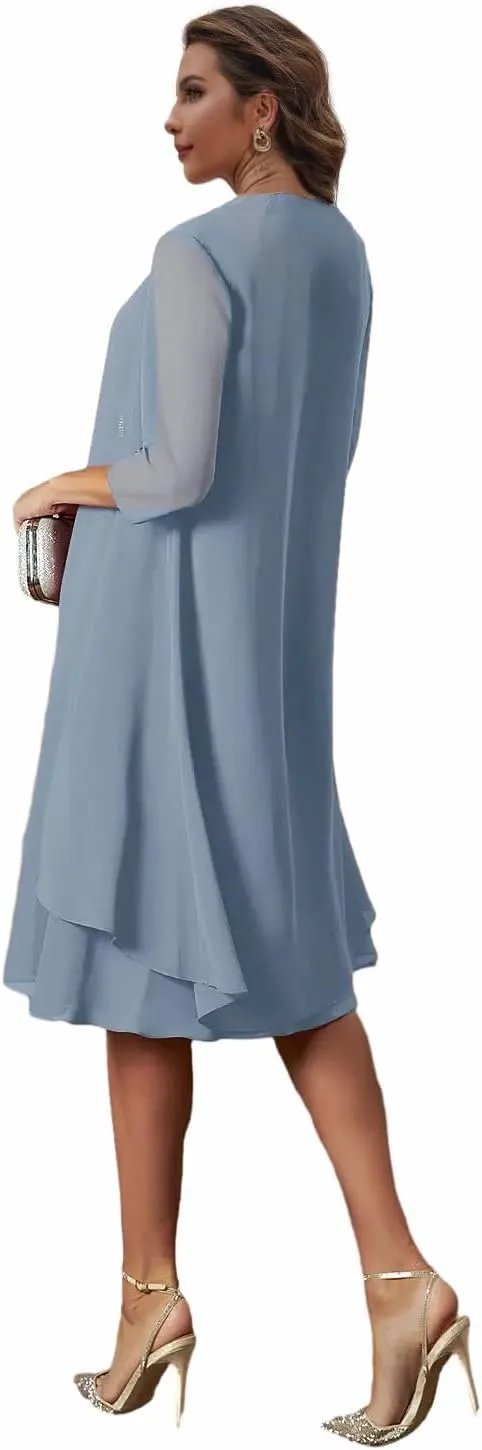 Short Mother of The Bride Dresses for Women 2 Pieces Formal Dress with Jacket Chiffon Evening Gown