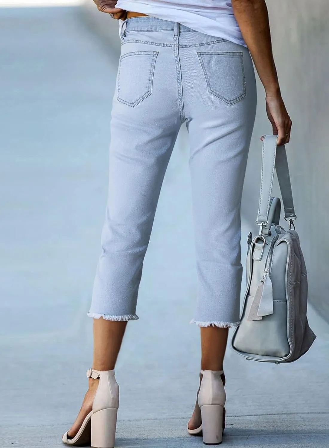 Sidefeel Women's Capri Jeans High Waisted 2025 Summer Fashion Straight Leg Raw Hem Denim Capri Pants