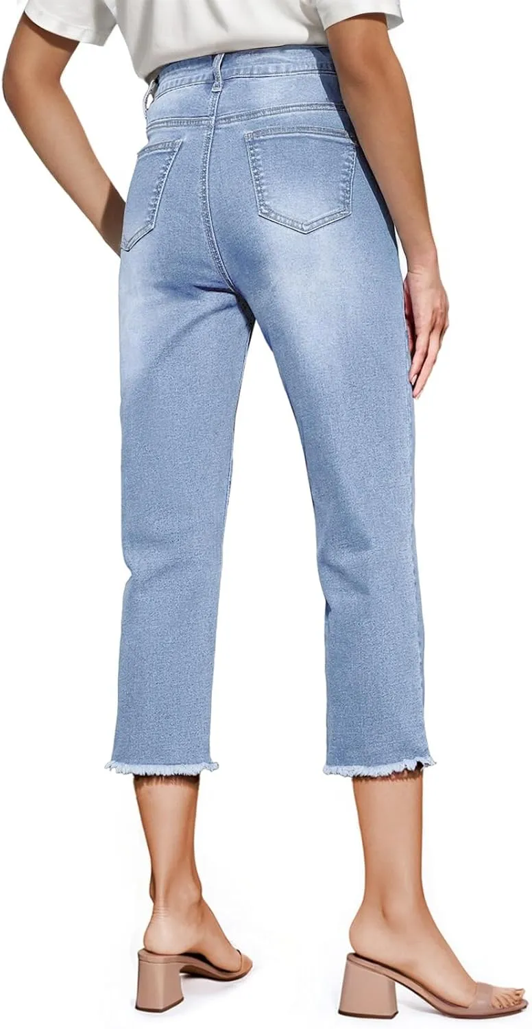 Sidefeel Women's Capri Jeans High Waisted 2025 Summer Fashion Straight Leg Raw Hem Denim Capri Pants