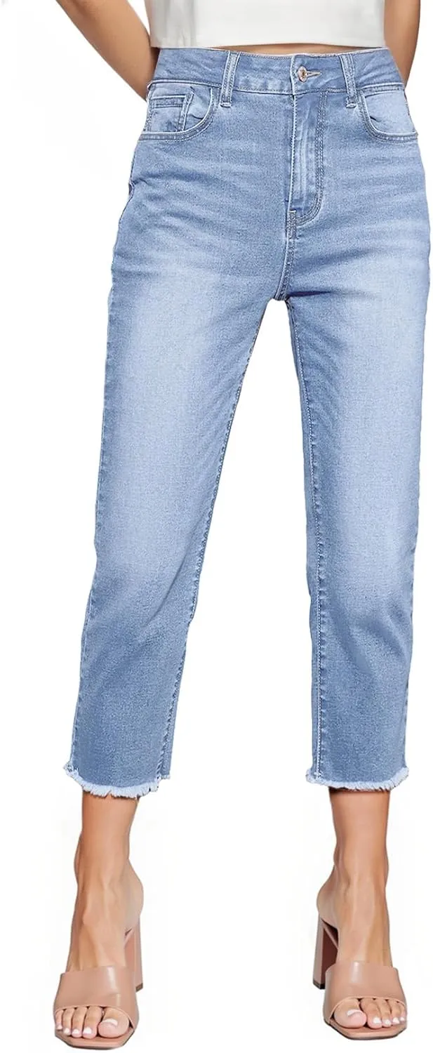 Sidefeel Women's Capri Jeans High Waisted 2025 Summer Fashion Straight Leg Raw Hem Denim Capri Pants