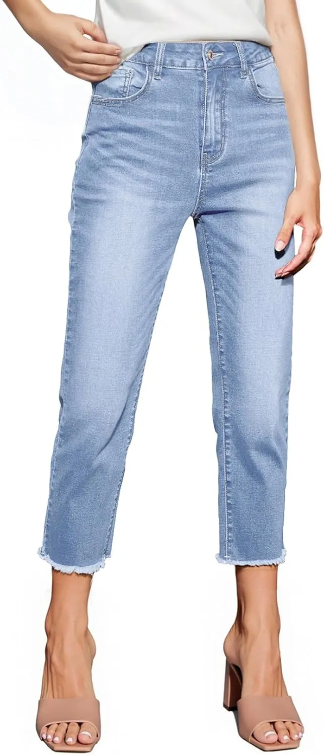 Sidefeel Women's Capri Jeans High Waisted 2025 Summer Fashion Straight Leg Raw Hem Denim Capri Pants