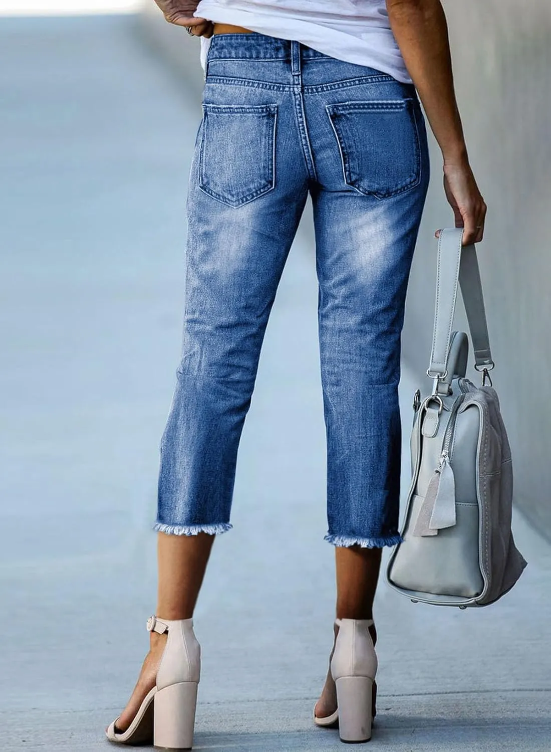 Sidefeel Women's Capri Jeans High Waisted 2025 Summer Fashion Straight Leg Raw Hem Denim Capri Pants