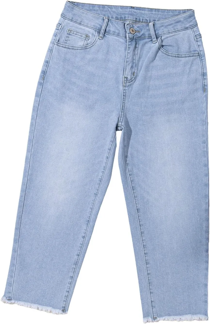 Sidefeel Women's Capri Jeans High Waisted 2025 Summer Fashion Straight Leg Raw Hem Denim Capri Pants